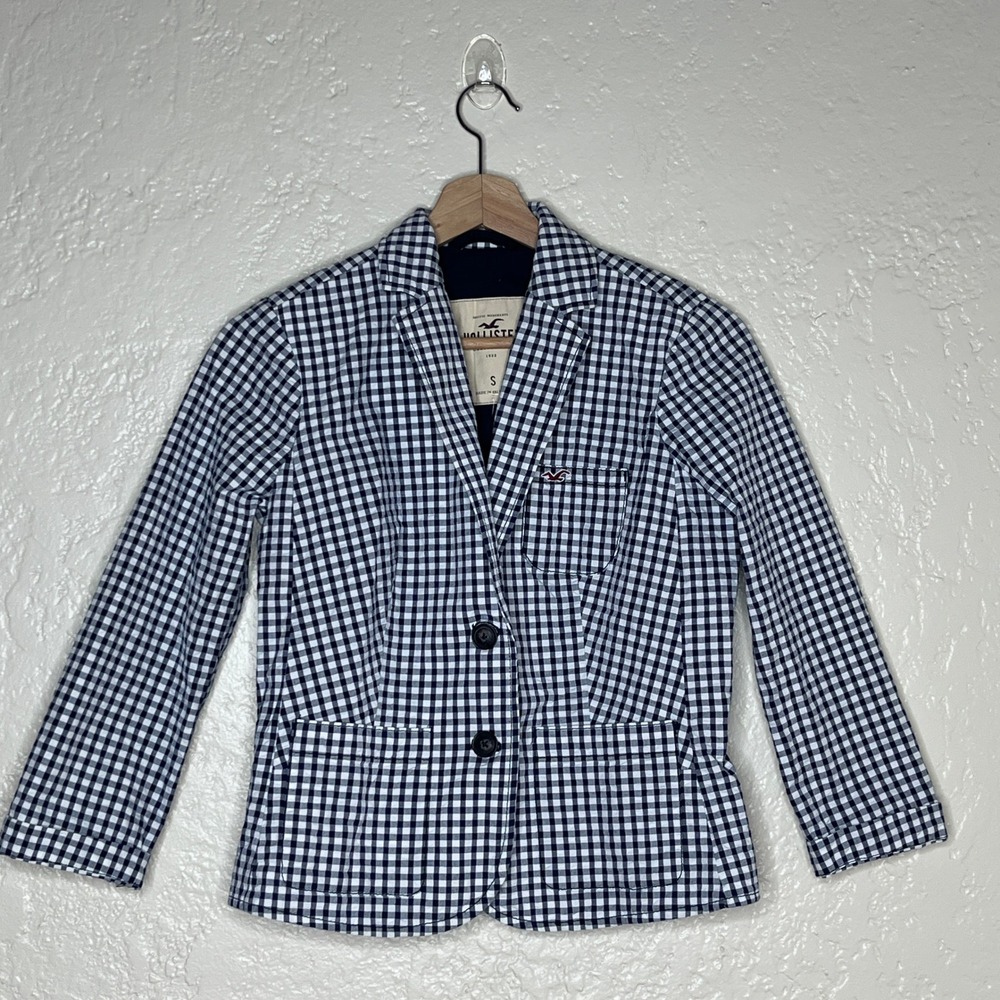 Hollister Womens Navy Gingham Check 2 Button Cuffed Blazer Jacket NWT Small